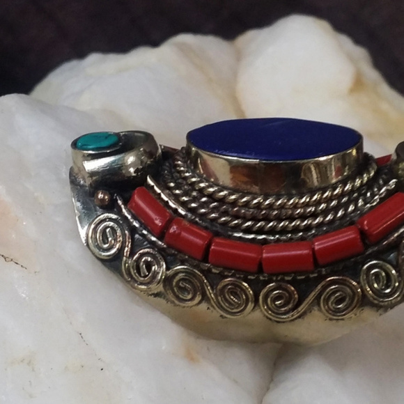 Large Silver Coral, Lapis Turquoise Stone Ring - Picture 6 of 6